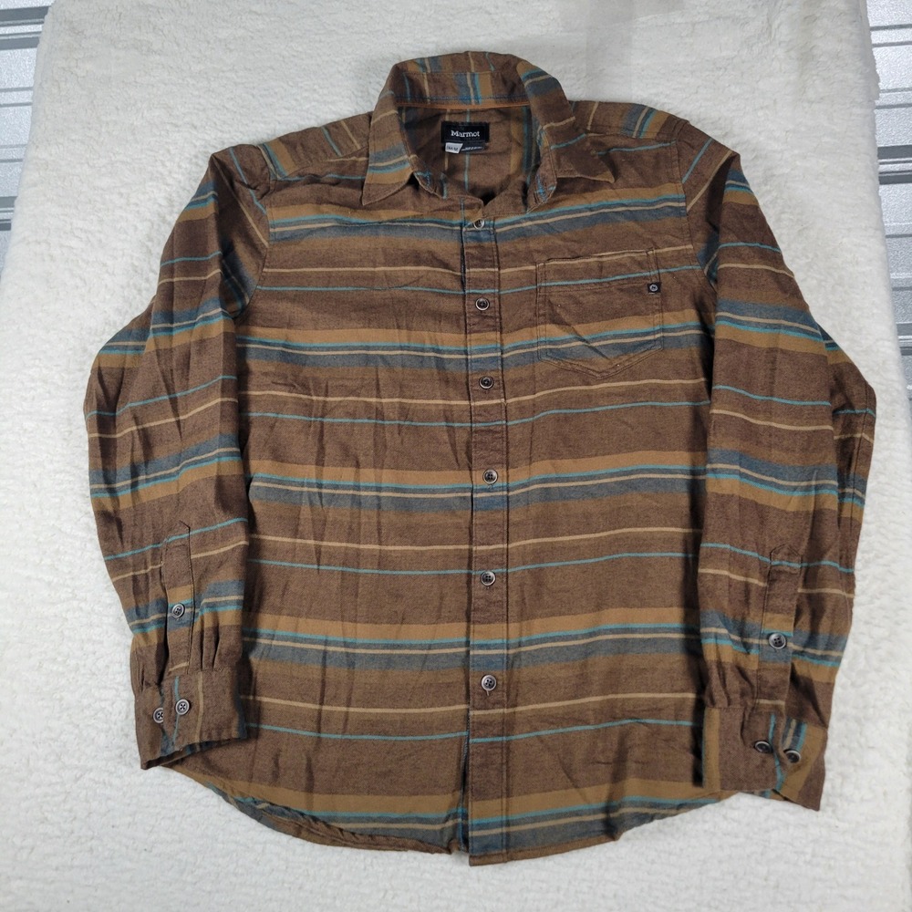 Marmot Button Down Shirt Mens M Brown Striped Long Sleeve Flannel Cotton Blend